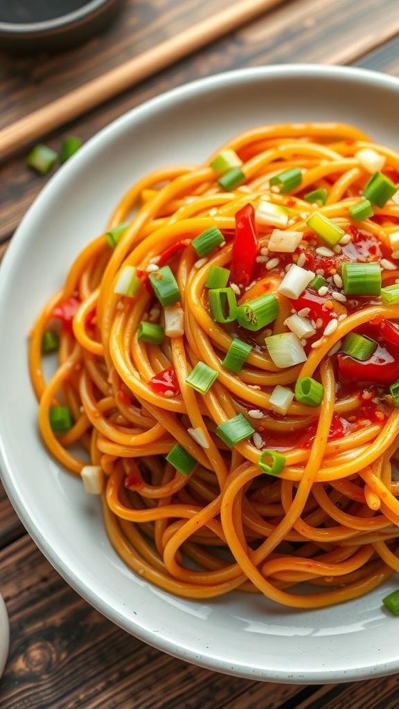 Spicy Garlic Noodles Recipe A plate of spicy garlic noodles garnished with green onions and sesame seeds on a rustic table.